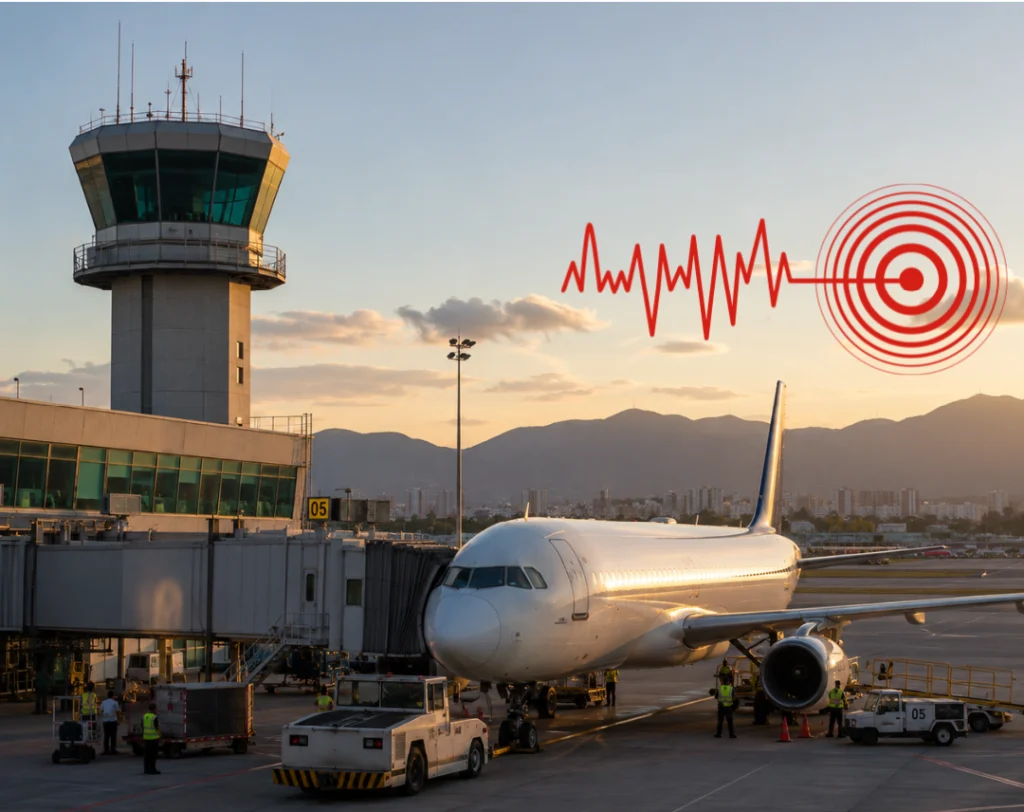 Torre de control activando protocolo de emergencia ante un sismo en un aeropuerto.